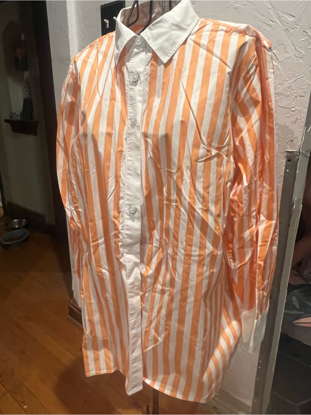 Women's Orange Stripe Button-Up Shirt with White Trim Talbots Petite Plus